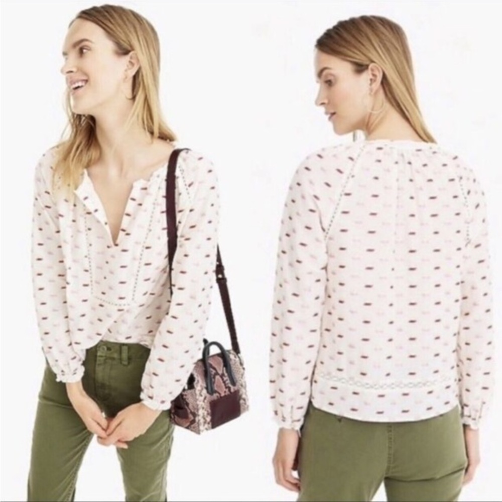 🐠J Crew Point Sur Ruffle Neck Popover Blouse metallic embroidered eyelet Small